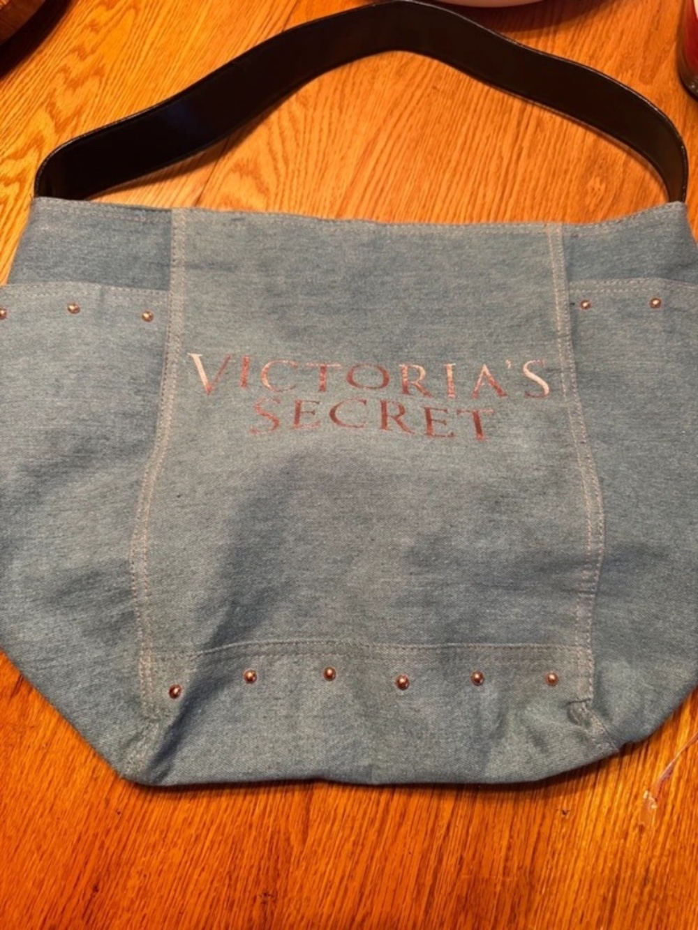Victoria's Secret Denim Canvas Studded Tote Bag - Rose Gold Metallic Accents